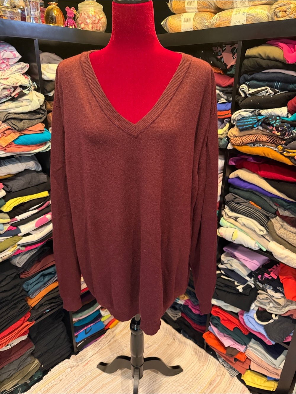#688. Burgundy v neck sweater.  3x